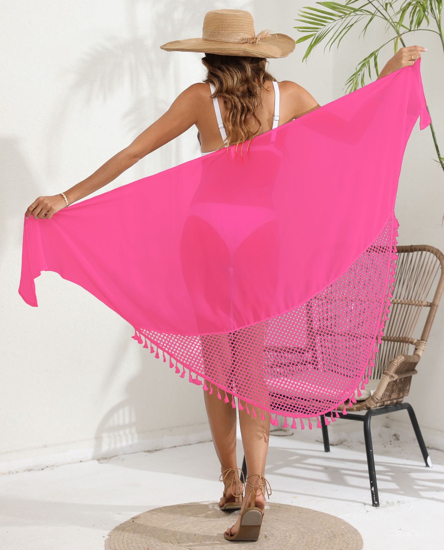 Beach Cover Up Kimono with Tassel Trim and Crochet Mesh Design